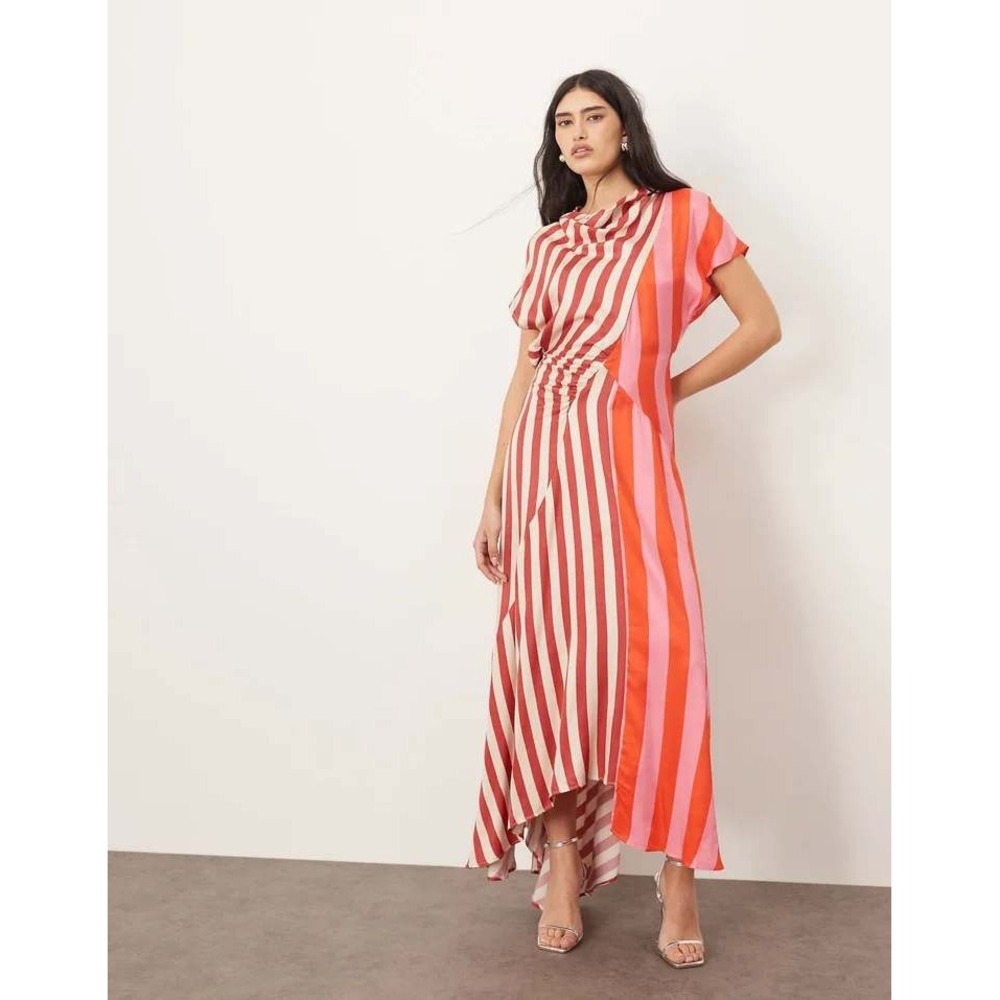 Arrange Striped Asymmetrical Maxi Dress Red Pink Orange US 16 NEW